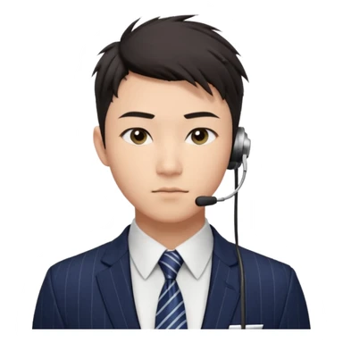 gay young Asian man with light skin, short dark hair styled upward with a sharp spiked swoop in front, slightly narrowed almond-shaped eyes with a confident, knowing squint, very squinty a clean-shaven face, and a sleek single-ear headset, wearing a dark pinstripe suit with a patterned shirt tie sticker