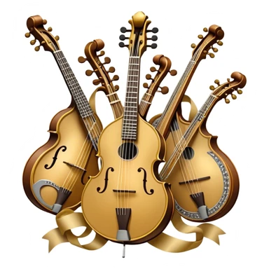 Create a grand, heraldic-style emoji collage representing plucked string instruments. The design should resemble a majestic emblem, featuring a collection of iconic instruments such as a banjo, mandolin, domra, sitar, and other plucked string instruments. Arrange the instruments symmetrically, with their necks and strings intertwining gracefully like a coat of arms. A flowing ribbon of musical notes should elegantly weave through the instruments, creating a sense of harmony and movement. The emblem should have a luxurious, golden and bronze color palette with intricate decorative elements, adding depth and a professional touch. Subtle lighting effects should highlight the polished wood and metal strings of the instruments. The background should be transparent, making the design adaptable for various uses sticker