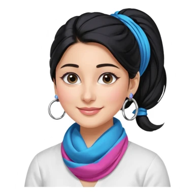 generate a pretty bratz emoji 
Make her wear a white shirt with a colorful blue-pink scarf wrapped around her neck. smiling big. Black hair tied into a side part ponytail, silver hoops and no necklace

She should look exactly  like Kareena Kapoor. kajal under eyes sticker