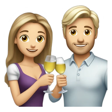 caucasian woman with brown eyes and blond shoulter long hair and a caucasian man with blue eyes and grey hair, toasting with a glass of white wine sticker