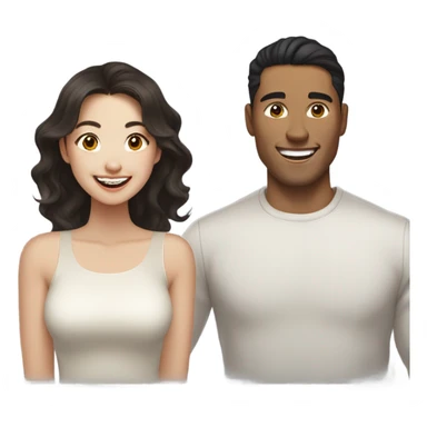 A pale half Asian man with short dark hair and amber eyes laughing with a white woman with long wavy brunette hair and dark hazel eyes. They love each other a lot And have good fashion taste and are hugging each other tight  sticker