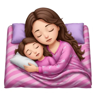 girl brunette inside a blanket sleeping  eyes closed with long  brown wavy hair and pink pjs sticker