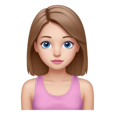 Create a TEENAGE girl with LONG and straight light brunette hair with a MIDDLE PART, light skin, light freckles, and blue-gray eyes. She will have pink lips and LONG eyelashes. She will be wearing a light pink tank top sticker