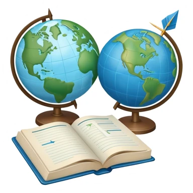 Create an emoji representing language translation. The design should feature a globe in the background, symbolizing international communication. In front of the globe, place two books or sheets of paper with texs on them and a pen nearby to indicate the act of writing. Add two arrows pointing in opposite directions between the sheets to represent the translation process. Use a clean and professional color palette with blues, greens, and neutral tones. Make the background transparent. sticker