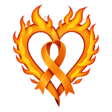 Orange cancer ribbon with fire flames on top going above it making a heart shaped in fire flames  sticker