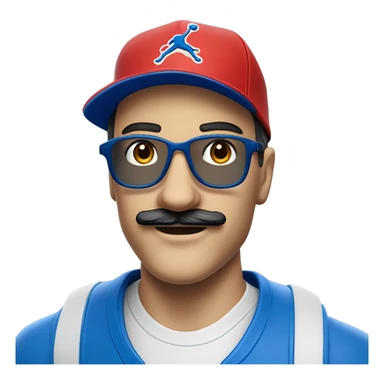 Homme européen yeux bleus avec une moustache portant des lunettes bleues , une casquette jordan bleu , un survêtement bleu sticker