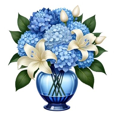 An exquisite floral arrangement of deep blue hydrangeas, pastel blue peonies, and ivory lilies, bound with a flowing pearl satin ribbon and placed in a crystal vase sticker