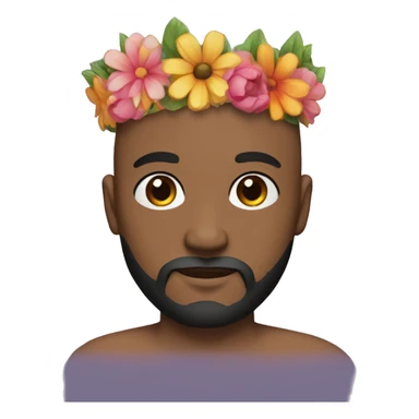 bald man with black beard and brown eyes and default skin with a colorful flowercrown on his head sticker