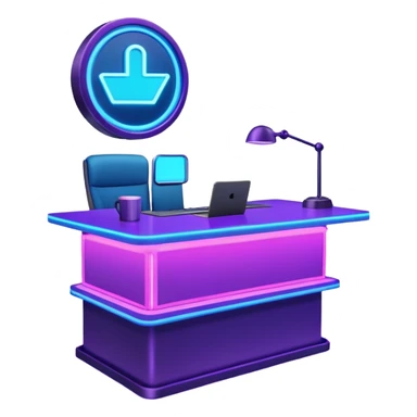 news anchor desk with neon glow effect, blue neon glow on top left, purple neon glow on bottom right sticker