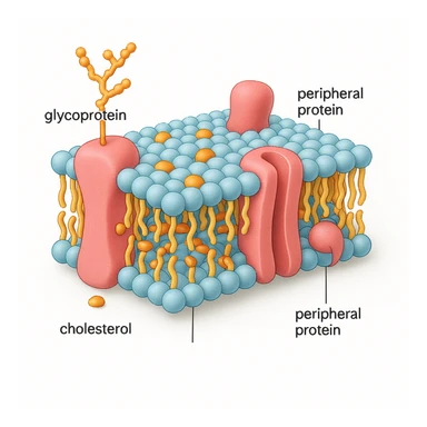 A highly detailed, scientifically accurate cross-section of a biological cell membrane (lipid bilayer) on a white background, ultra-realistic 3D illustration. Show the phospholipid bilayer with hydrophilic heads (round, polar) facing outward and hydrophobic tails (chains) inside. Include embedded proteins (integral and peripheral), cholesterol molecules (small, rigid), glycoproteins with sugar chains, and ion channels. The style should be clean, lab-textbook style, with subtle shadows and depth. Use a color scheme: light blue for hydrophilic heads, yellow for hydrophobic tails, red/pink for proteins, and orange for cholesterol. Microscope-like precision, no artistic stylization. Educational diagram of the Fluid Mosaic Model, cross-sectional view with labels for 'glycoprotein', 'cholesterol', and 'peripheral protein', vector graphic style. sticker