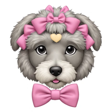 A grey/white Irish-Wolfhound/Poodle mix dog posed laying down wearing a pink bow tie on its head sticker