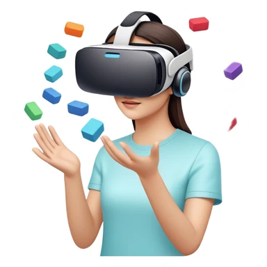 humanless emoji for the creation of VR/AR technology. Show a designer's hands holding a VR headset or AR glasses, with floating 3D models or virtual objects being manipulated in the air. Use modern, tech-inspired colors. Do not include any emojis or smiley faces. Make the background transparent. sticker