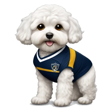 White Maltipoo wearing a LA Galaxy soccer jersey sticker