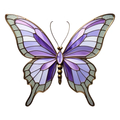 a stunningly detailed butterfly with lilac and ice-purple wings, adorned with an elegant mosaic-like pattern resembling stained glass. The wings should display a harmonious blend of swirling and geometric designs, giving them a mystical and artistic feel. The butterfly should have a graceful, elongated body with a subtle metallic sheen, enhancing its enchanting presence. sticker