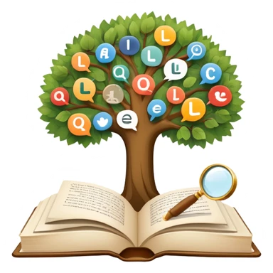 An icon featuring an open book, a speech bubble, and a linguistic tree, symbolizing philology and linguistics. The design includes alphabets, language symbols, and a magnifying glass, representing the study of language, structure, and meaning. Transparent background sticker