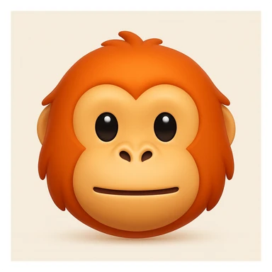 Make a more iOS emoji-like image that looks exactly like the reference: orangutan face, 3D, shiny, smooth gradients, soft shadows, and a friendly emoji look. Add a soft shadow under the face. The style should mimic the iOS emoji style with smooth shading and a friendly expression. sticker