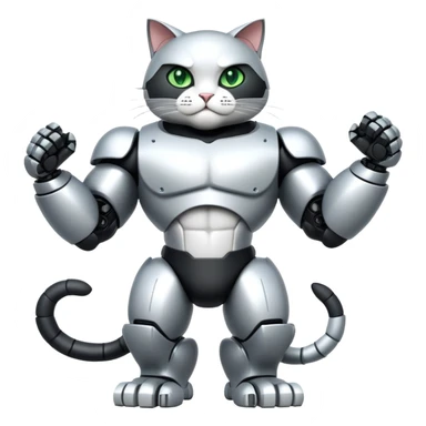 Robot Buff Jacked up Huge jumbo Super Duper Muscular Cat with a 10 pack full body black and white tuxedo colored body and green eyes and abs sticker