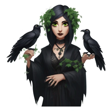 the morrigan goth woman version vines style furr robe stylish boots, perfect eyes, raven on hand, green vines decor on ground sticker
