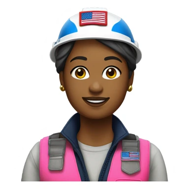 Wearing a patriotic dress with a neon pink safety vest, hard hat and ear muffs with a patriotic patch on her vest. The background image is of the patriotic flag  sticker