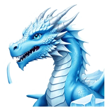 Cinematic Noble wise elegant Ice Dragon Portrait Emoji, Poised and imposing, distinct long elegant snout, with a slender, scaled body shimmering in glacial hues of icy blue, frostbitten silver, and crystalline white, breathing out frost, with piercing, glowing ice blue white eyes that radiate the chilling depths of an arctic storm; rendered in detail. excuding wisdom sticker