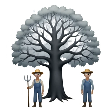 A cursed farmer couple staring into your soul with their giant white dots for eyes and the male farmer is standing next to a tree and they are both grayish black figures and the background is an extremely foggy field in a rural place sticker