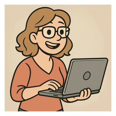 a woman with glasses holding a laptop, cartoon style sticker