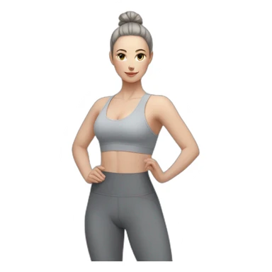 Pale skinned fit woman In a gray tight yoga suit and wristbands With black hair in a bun doing yoga sticker