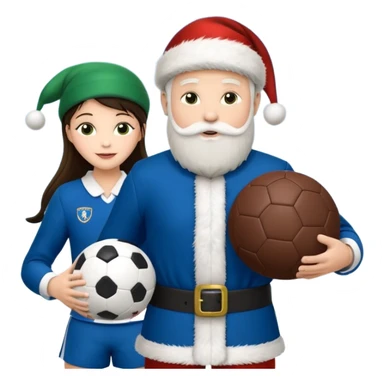 3 atletas, um homem no meio e duas mulheres com cores de pele diferentes, usando elementos esportivos, bola de futebol, luvas de luta e bola de vôlei. Coloque um chapéu de papai noel das cores verde e com uniforme azul e branco sticker