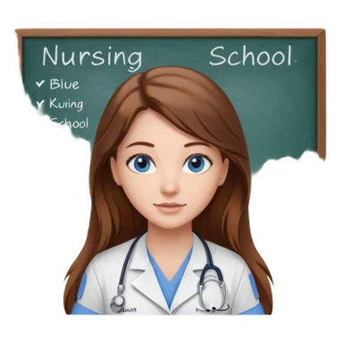 inside a classroom at university that says nursing school on the board with a pretty female nursing student with long brown hair, blue eyes sticker