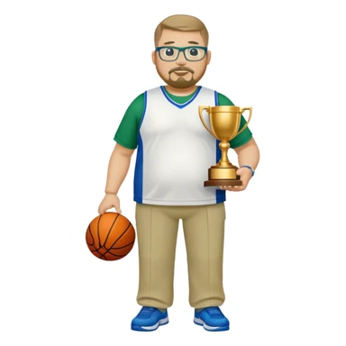 full body white obese male basketball coach with trophy. Goatee , Wearing glasses and blue and green polio with khaki pants sticker
