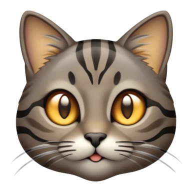Cinematic Cute Grey and Black Brown Tabby Cat Portrait Emoji, Head tilted playfully and inquisitively, sleek grey-brown fur with bold black tabby stripes and a distinctive M-shaped marking on the forehead, sparkling amber eyes, Simplified yet irresistibly adorable features, highly detailed, glowing with a warm, friendly glow, high shine, affectionate and curious, stylized with a touch of whimsy, bright and endearing, soft glowing outline, capturing the essence of a mischievous yet loving kitten, so playful it feels like it could pounce out of the screen and into your arms! sticker