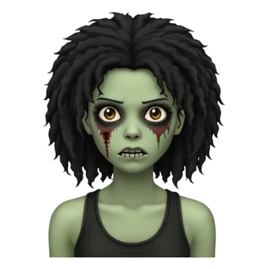 a female zombie with sage green skin, black long afro afro hair with edges, and a black tank top  sticker