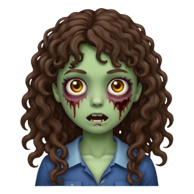 Emoji garota zombie com cabelo castanho escuro cacheado longo com franja cacheada sem volume sticker