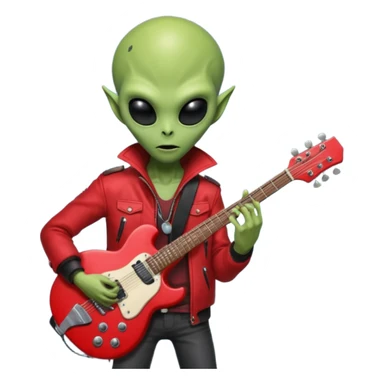 guitar rock player, aliens head, red jacket sticker