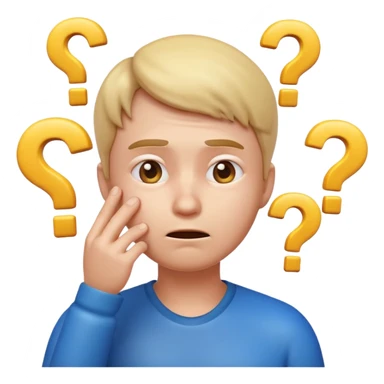 3D glossy emoji of a confused person feeling lost, hand on chin, raised eyebrow, looking up, small question marks around head, faint maze background, soft gradient, centered, transparent background.\ sticker