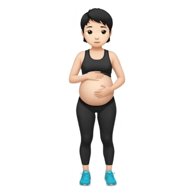 pregnant asian boy with short messy black hair wearing a sports bra with leggings holding his belly sticker