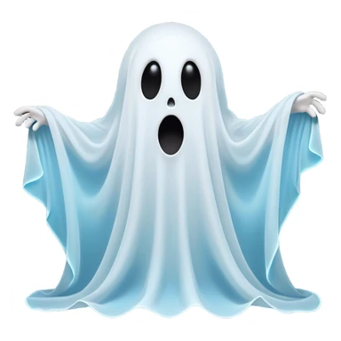 A hilariously exaggerated floating sheet ghost, its simple yet expressive form billowing with animated energy in vibrant whites and pale blues, with two wide, comically shocked eyes and a quirky, startled mouth, simplified yet overflowing with personality, highly detailed with a soft neon-like glowing outline, capturing the playful absurdity of a ghost caught off guard! sticker