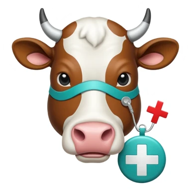 Emoji-style icon of a cow and buffalo with a medical cross and warning pulse or health indicator, showing disease detection. Simple emoji design, teal and white theme, no text, transparent background. sticker