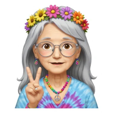 elderly woman with long grey hair, glasses, peace sign necklace, tie-dye clothing, flower crown sticker