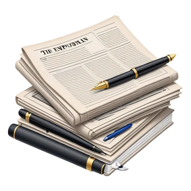 Create an emoji representing journalism and publicistic writing. The design should feature a stack of newspapers as the base, with an open working notebook placed on top of them. A single fountain pen should rest on the very top of the notebook, symbolizing the act of writing. Use neutral, professional colors like black, white, and muted tones to convey a sense of seriousness and intellect. Do not include any emojis or smiley faces. Make the background transparent. sticker