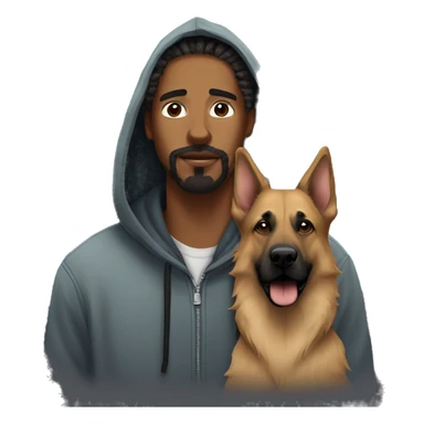 man with dreadlocks, mustache and goatee dressed in a hoodie alongside a brindle colored german shepherd dog sticker