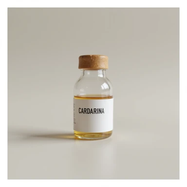 medicinal vial on a neutral background, label with the word 'CARDARINA' in block letters, hyperrealistic 4K style sticker