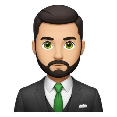 green eyes, dark short hair, muscular shoulders, big lips big nose big eyes, masculine good looking, dark beard wearing a suit buttons of the shirt open and olive skin tone  sticker