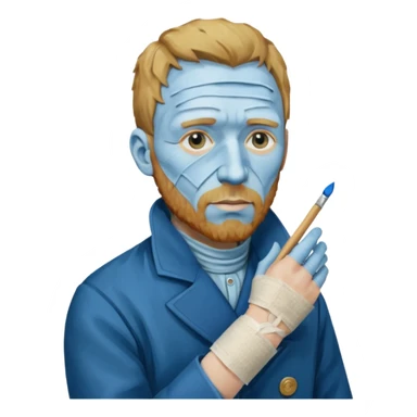 van gogh paints on a canvas. On his right he has a bandage sticker