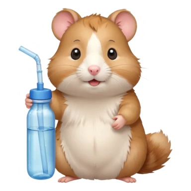 Cute cartoon-style hamster hugging an oversized water bottle, sipping with tiny straw, happy expression. Painterly shading, expressive eyes, white background, sticker-style illustration sticker