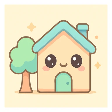 a home with a tree, cute kawaii cartoon style sticker