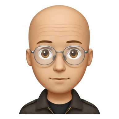 Man with small oval face and big forehead, aviator-style glasses, completely bald/shaved sides with very short curly dark hair only on top of head, neutral-friendly expression, light brown skin, wearing a black shirt sticker