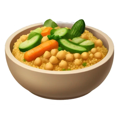 Bowl of Couscous dish with orange sauce, carrots, zucchini, chickpeas and meat on top sticker