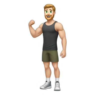 Full height Actively gesturing with hands Pale skinned Fit Man With the biceps, green eyes and brown hair in dark gray Sleeveless Mike, black oversize sports shorts, watch and white Sneakers sticker