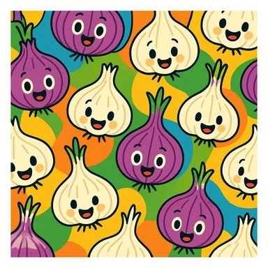 cute animated onion and garlic, seamless background, lively, colorful, simple design sticker